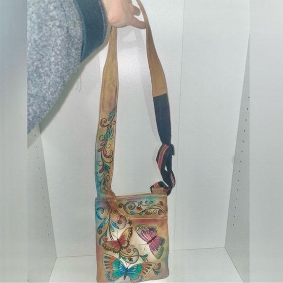 Butterfly bag hand painted Anuschka purse bohemian travel messenger bag - Picture 16 of 16